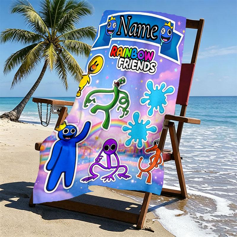 Custom Name Personalized Game Rainbow Friends Print Beach Towel, for Trip Camping Beach Party Home Decor, Birthday Gift for Family & Friends