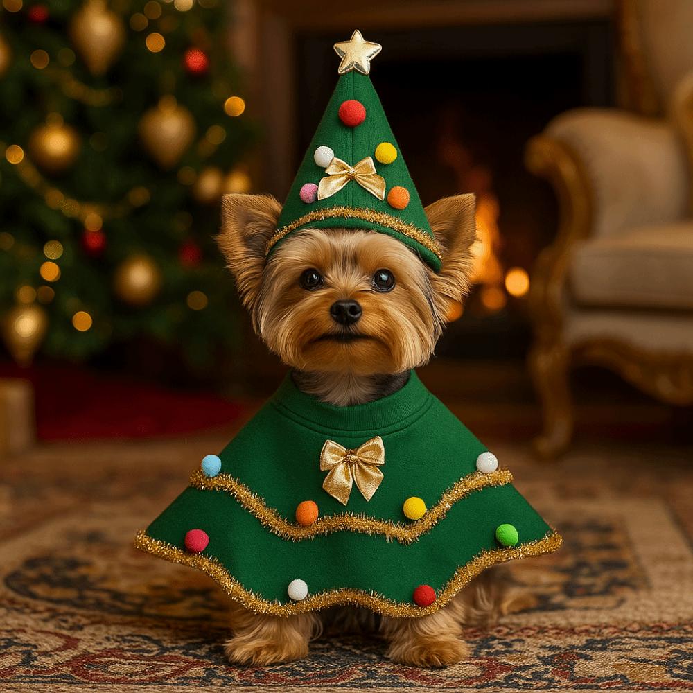Cartoon Christmas Dog Cape Christmas Tree Design Adjustable Dog Cosplay Dress Polyester Unique Role-Play Outfit