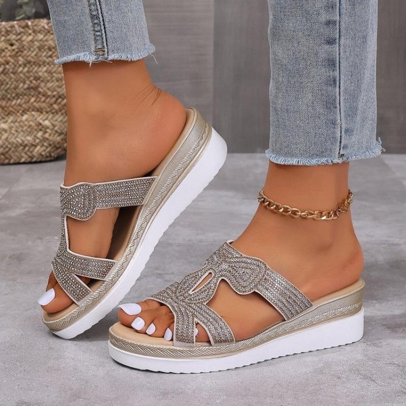 Large size wedge slippers women's summer sequined rhinestone lightweight outer slippers