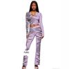 European & American Animal Print Hooded Color Block Elastic Jacket & Pants Set