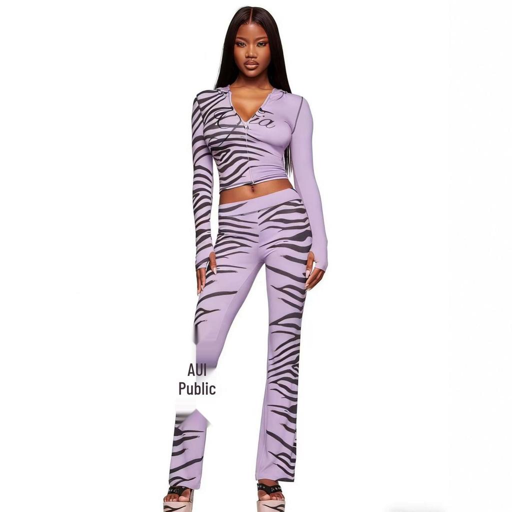 European & American Animal Print Hooded Color Block Elastic Jacket & Pants Set