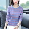 Plus Size Loose-Fit Cotton Striped Long-Sleeve T-Shirt for Middle-Aged & Elderly Women