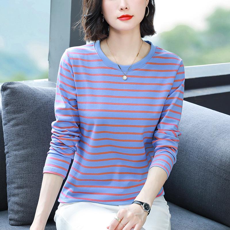 Plus Size Loose-Fit Cotton Striped Long-Sleeve T-Shirt for Middle-Aged & Elderly Women