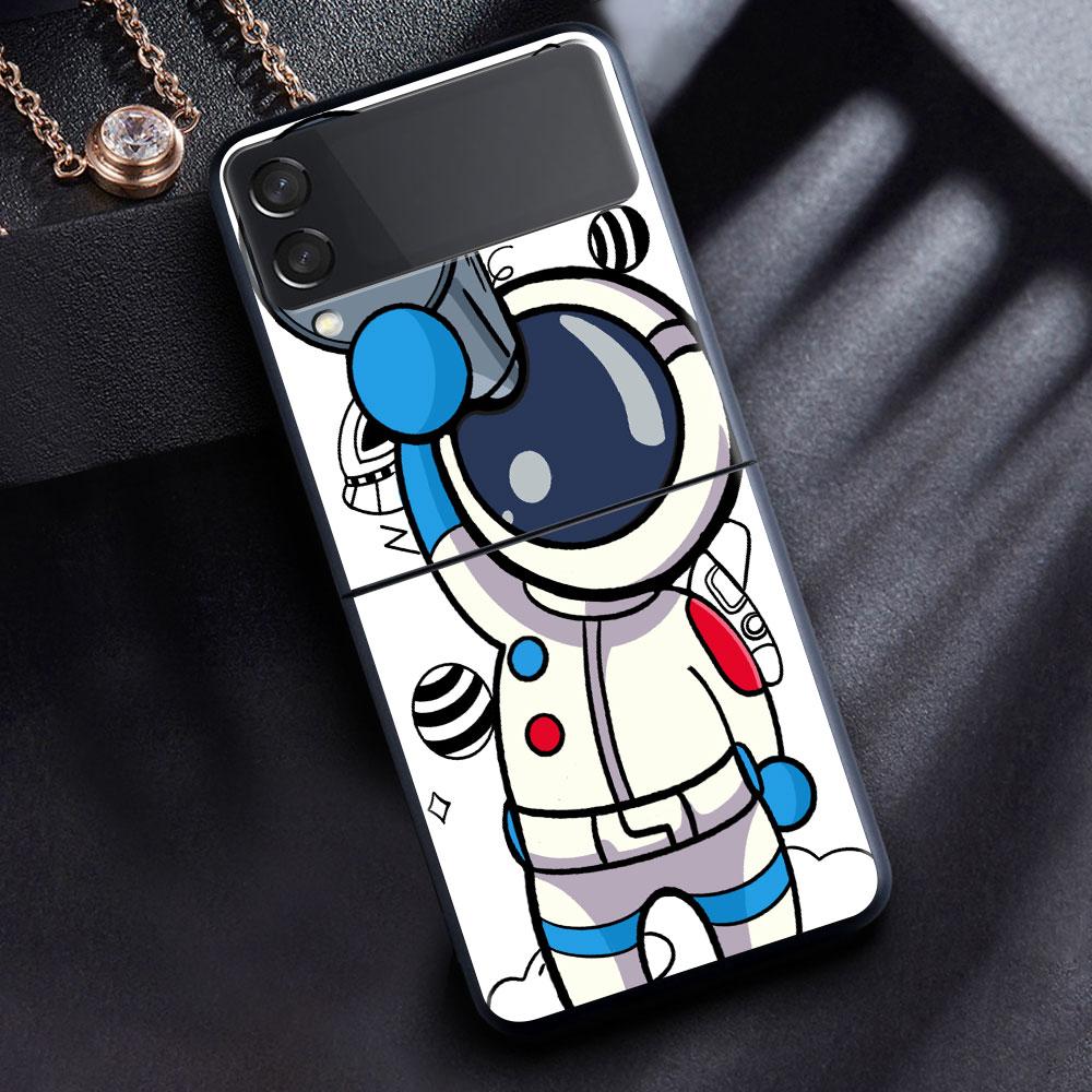 Case For Samsung Galaxy Z Flip 3 4 5G Black Hard PC Phone Housing Z flip4 Luxury Segmented Cover Cute Astronaut