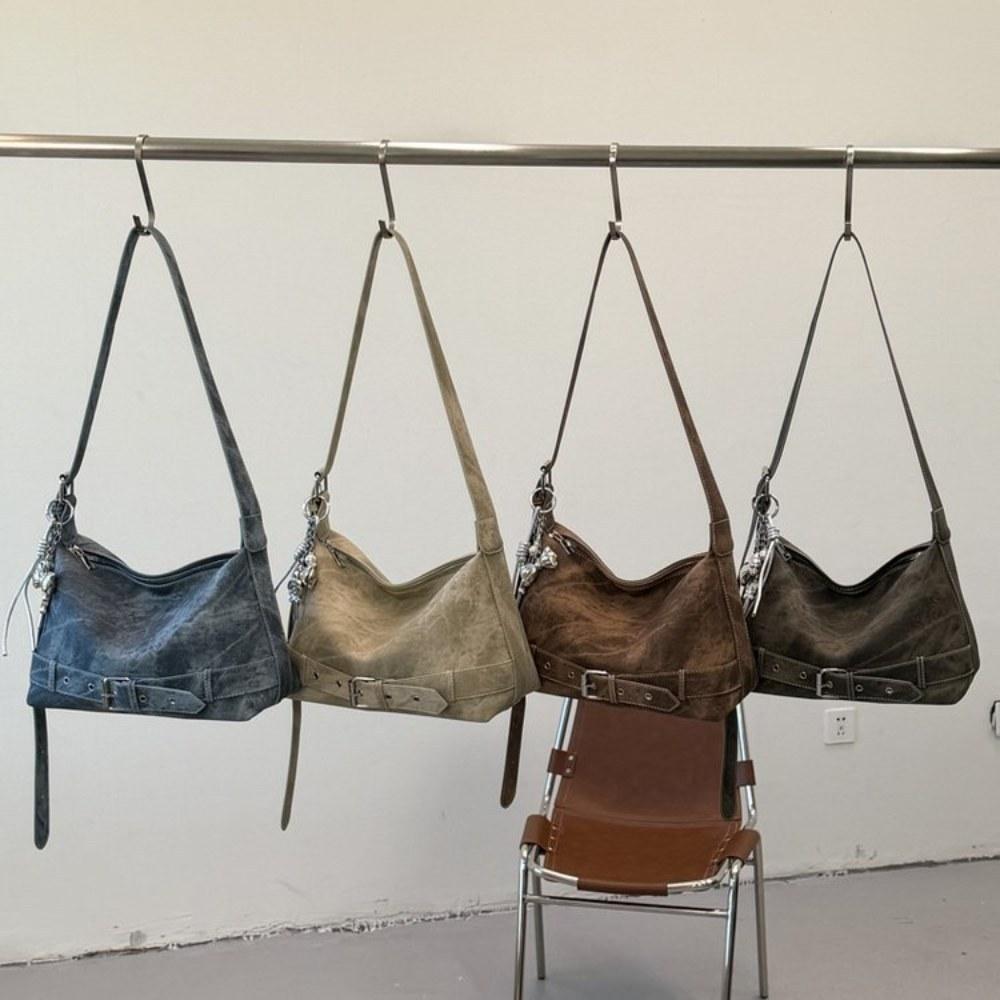 Women Vintage Large Capacity Soft PU Shoulder Bag with Belt Detail for Daily Commute