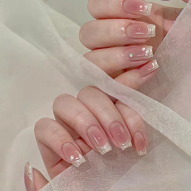 24Pcs Simple Fake Nail With Jelly Glue Butterfly Design Pink White Gradient French Press On False Nails Full Cover Nail Tips
