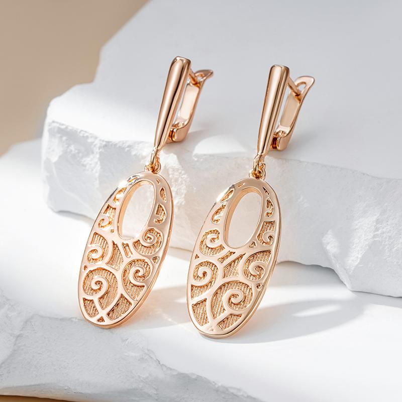 Fashion Glossy Oval Long Drop Earrings For Women  Rose Gold Unique Pattern Metal Bride Wedding Daily Party Jewelry