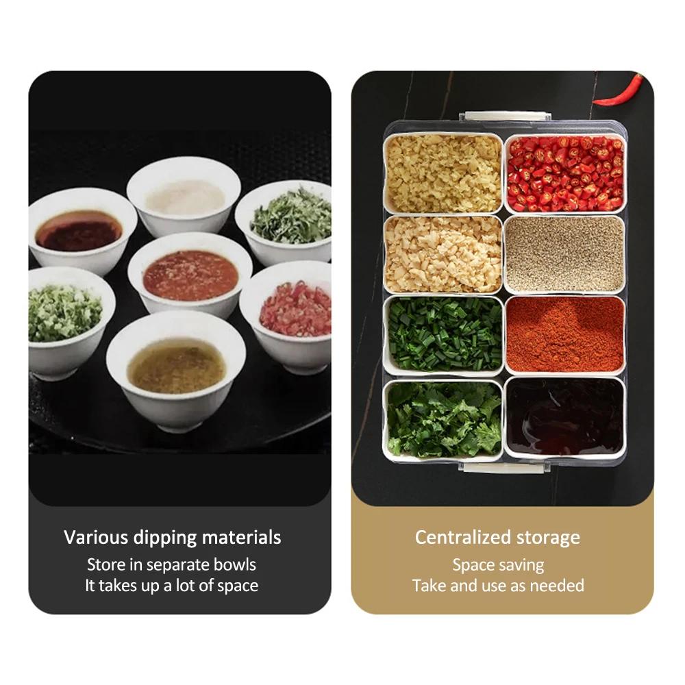 Food Serving Tray with 8 Small with Removable Boxes Spice Storage Jars Seasoning box for Fridge Fruit&Veggie Container with Lid
