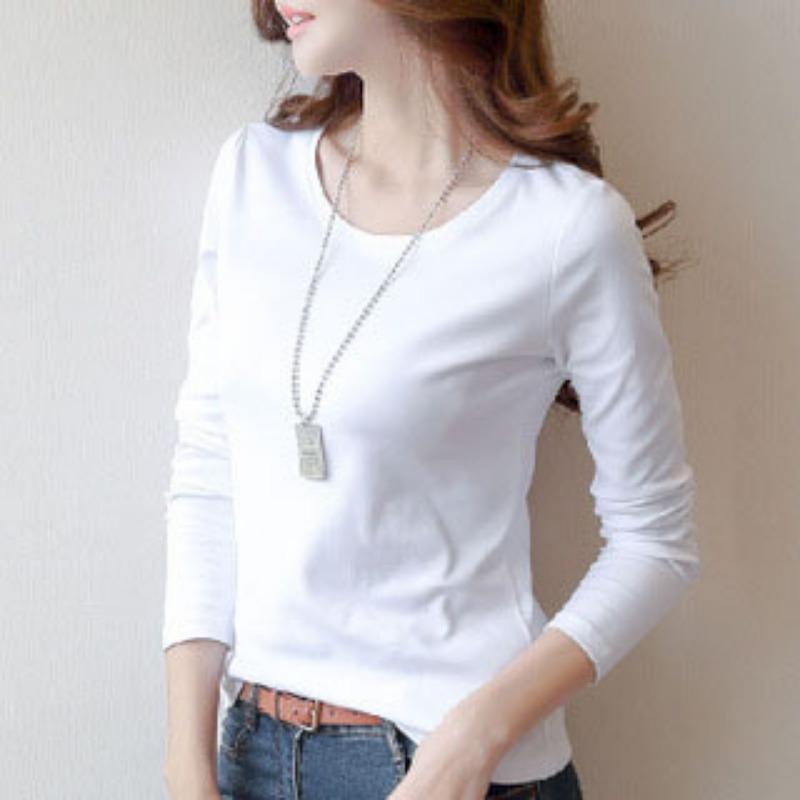 Round Neck Solid Color Long Sleeved Women's T-shirt
