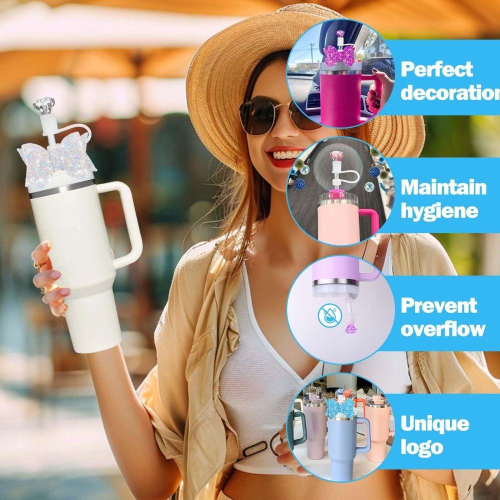 6pcs Sparkling Diamond Bow Straw Topper Reusable Straw Cover Cap for Stanley Cup Straw Decor