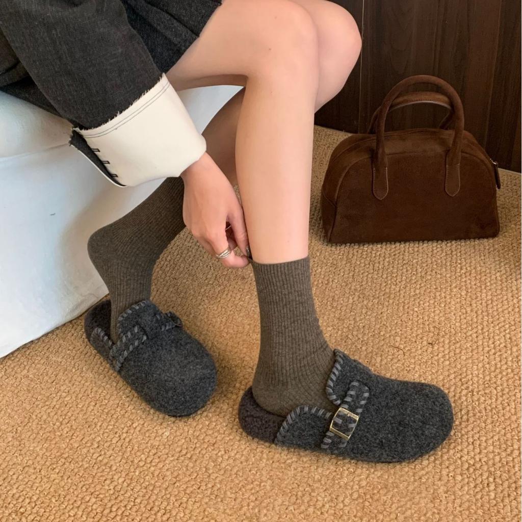 2025 New Korean Version Round Head Belt Buckle Thick-soled Woven Outer Wear Boken Bag Head Lazy Outer Wear Women's Shoes