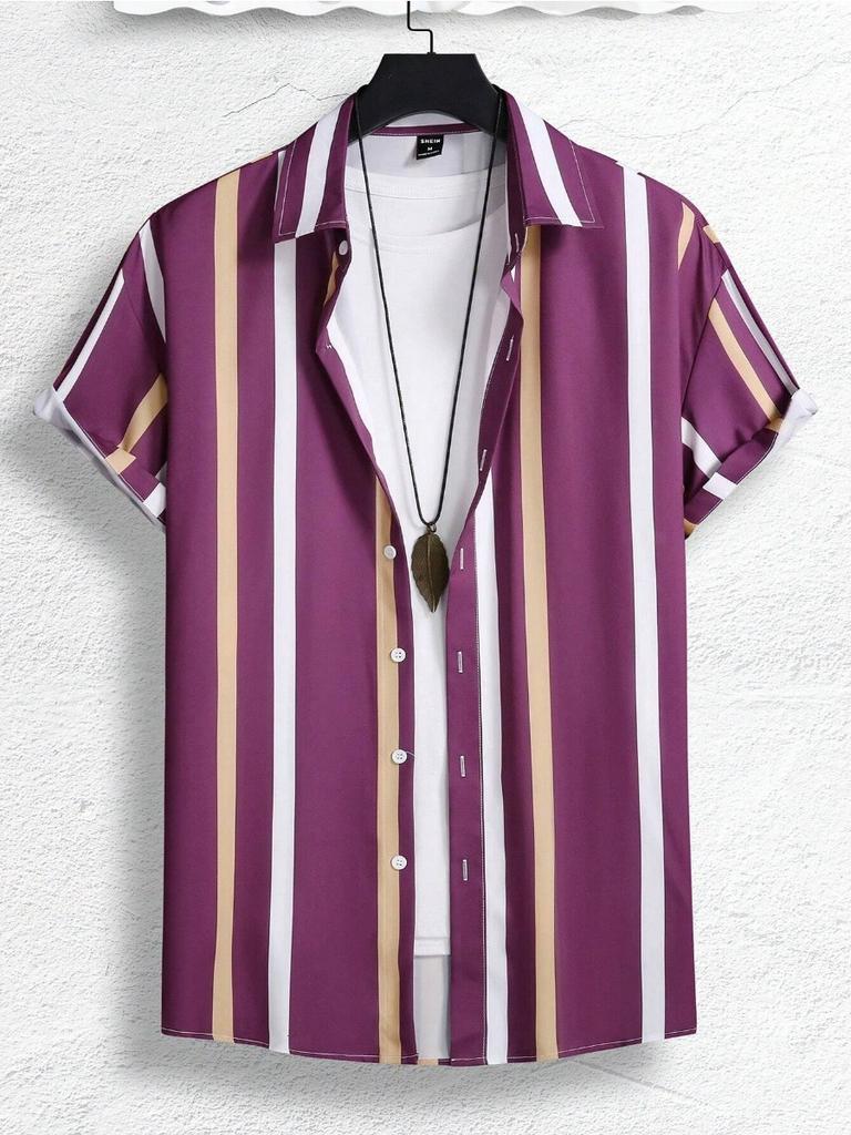 Colorful Striped Pattern Print Men Shirts Design Short Sleeve Shirts Fashion Button Short Sleeve Tops