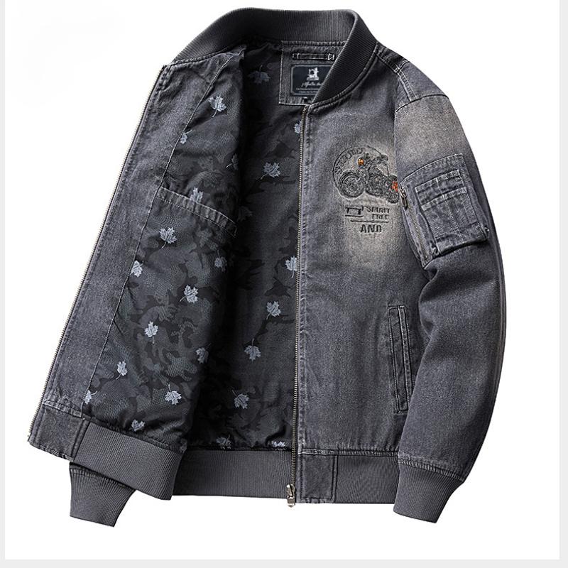 Pánská džínová bunda Vintage Slim-fit Motocyklová Vyšívaná Zipová Ležérní Bunda Kabát