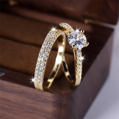 Ensemble de 2 bagues empilables pour couple en zircon blanc, bagues de mariage rondes couleur or pour femmes, alliances, bijoux de fête CZ