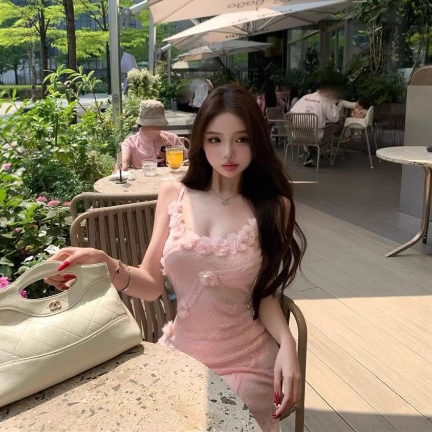 Women's Pink 3D Floral French Design Camisole Dress - Slimming, Waist-Cinching, Summer Vacation Style