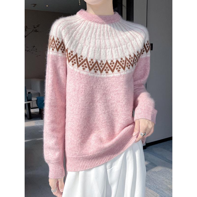 Autumn/Winter 100% Pure Wool Versatile Color Block Long Sleeve Sweater for Women - Soft, Loose Fit Jacquard Design