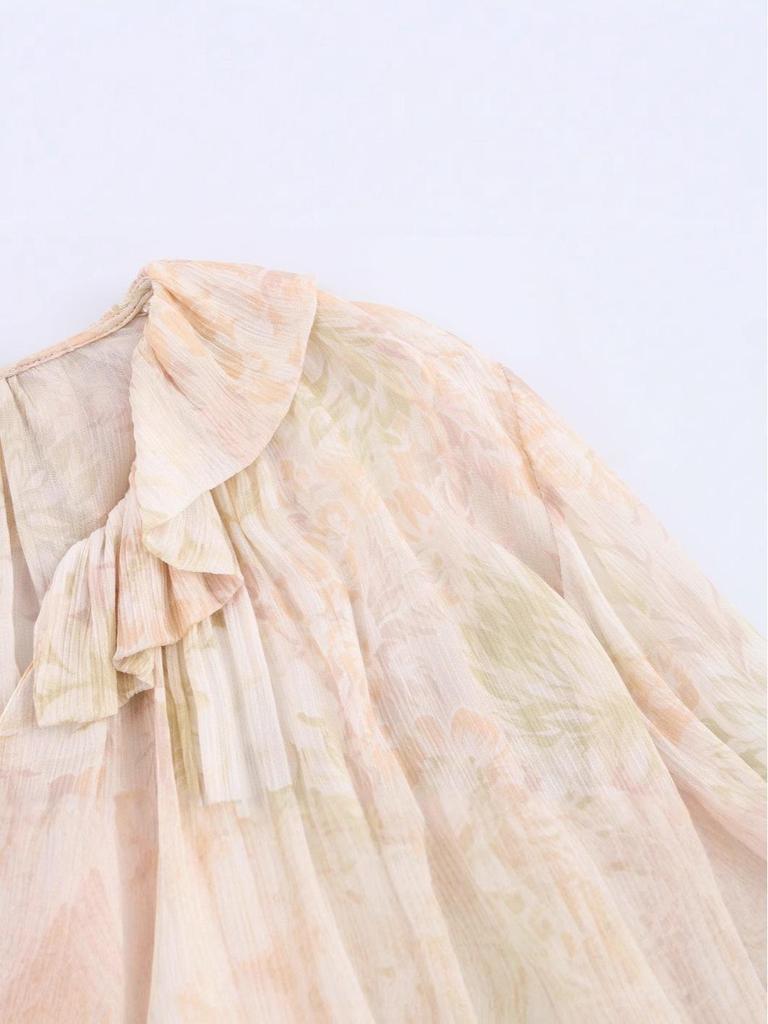 Spring Women's V-Neck Ruffle Print Chiffon Blouse with Long Sleeves