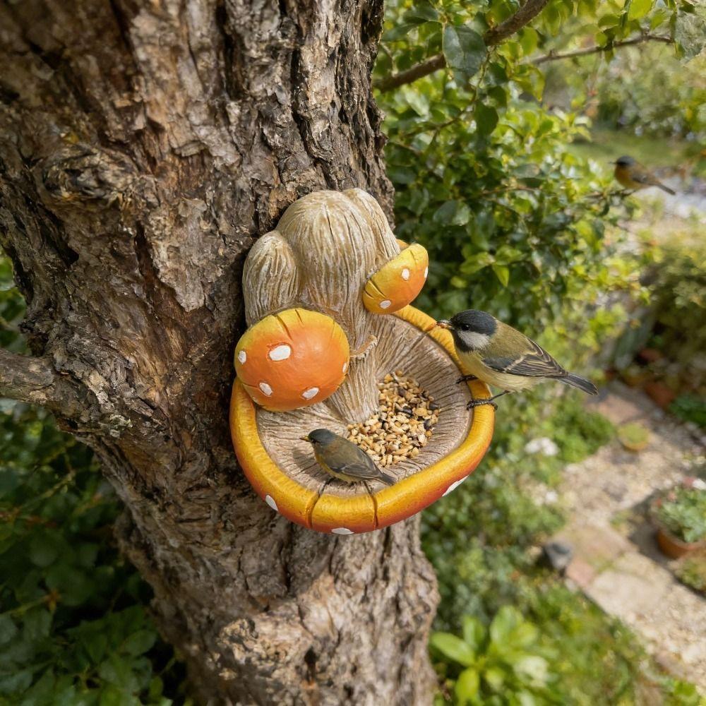 Resin Mushroom Sparrow Feeding Station Hanging Weather-Resistant Mushroom Bird Feeder Decorative Wild Bird Food Dispenser