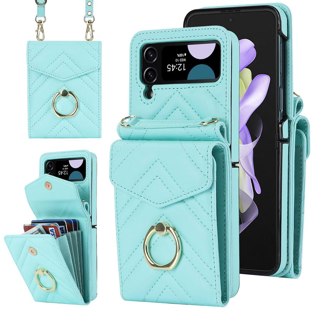 Fashion Leather Phone Case For Samsung Galaxy Z Flip 5 4 Z Flip 3 5G With Long Lanyard Crossbody Bag Wallet Holder Protect Cover