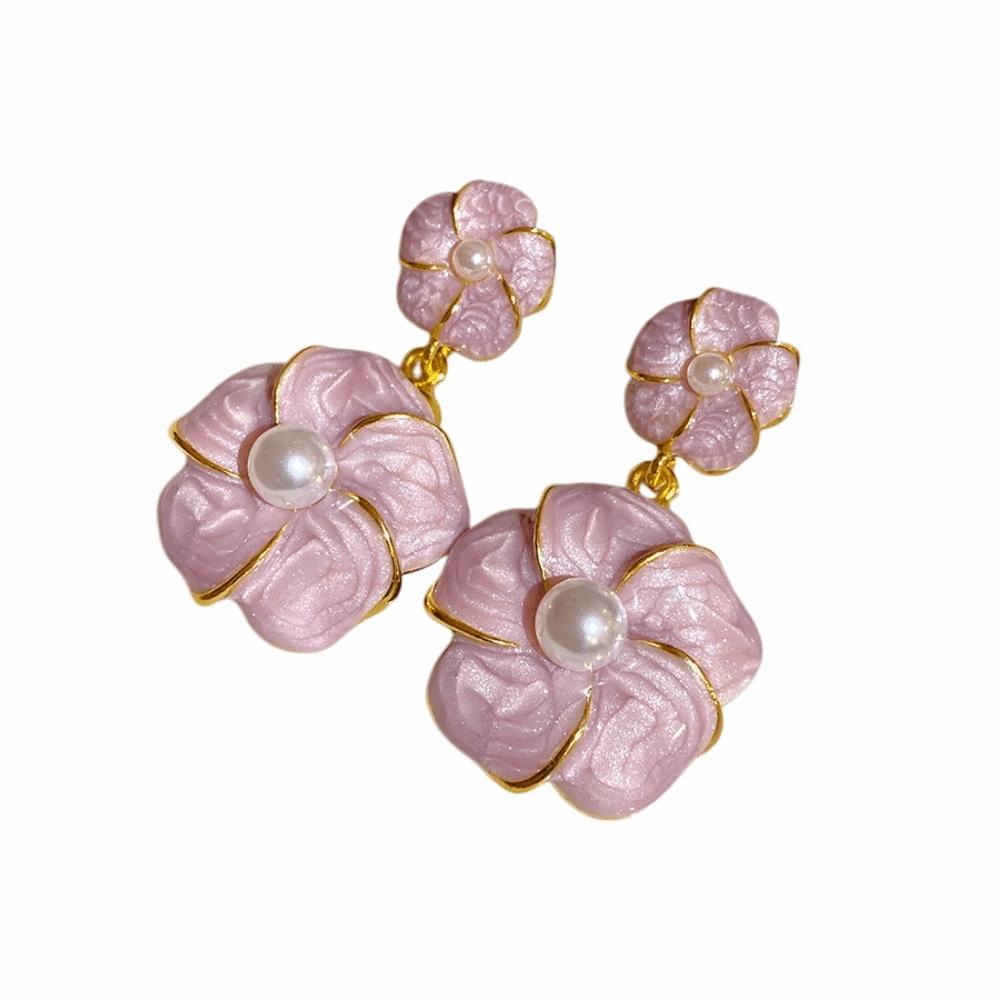 Drip Oil Dangle Earrings Pearl Ear Jewelry Delicate Camellia Flower Earrings  Women фиолетовый