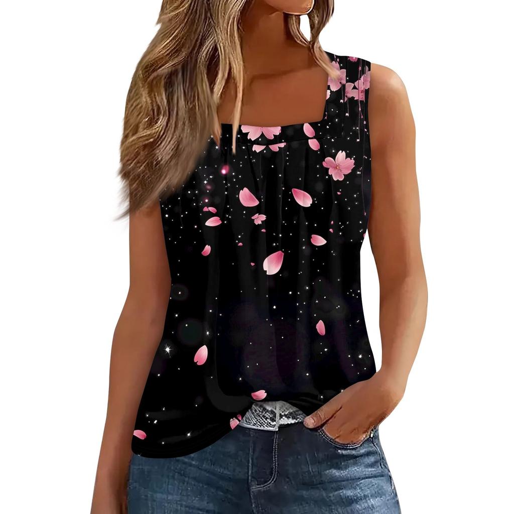 Women's Pleated Square Collar Sleeveless Vest Print T-shirt