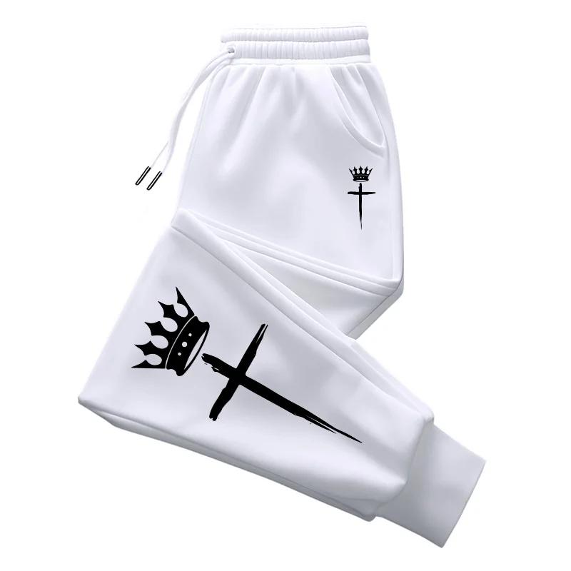 Cross-crown Men Sweatpants Pocket Crown Cross Motif, Leg Black Brush Print, Side Pocket Drawstring Jogger Pants for Urban Daily Wear
