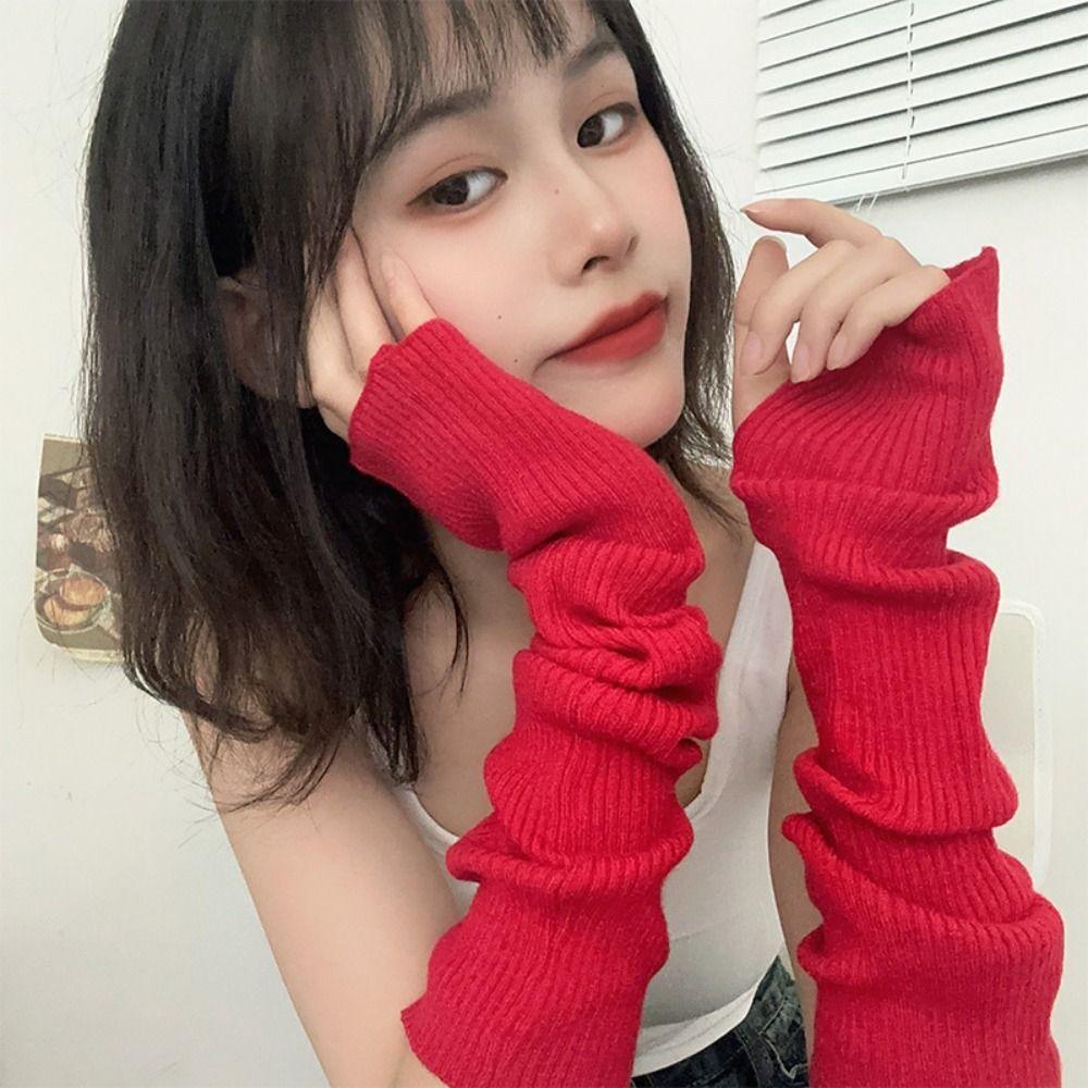 1 Pair Women Long Fingerless Gloves Winter Soft Knitted Warm Arm Sleeve Punk Gothic Fashion Casual Soft Mitten