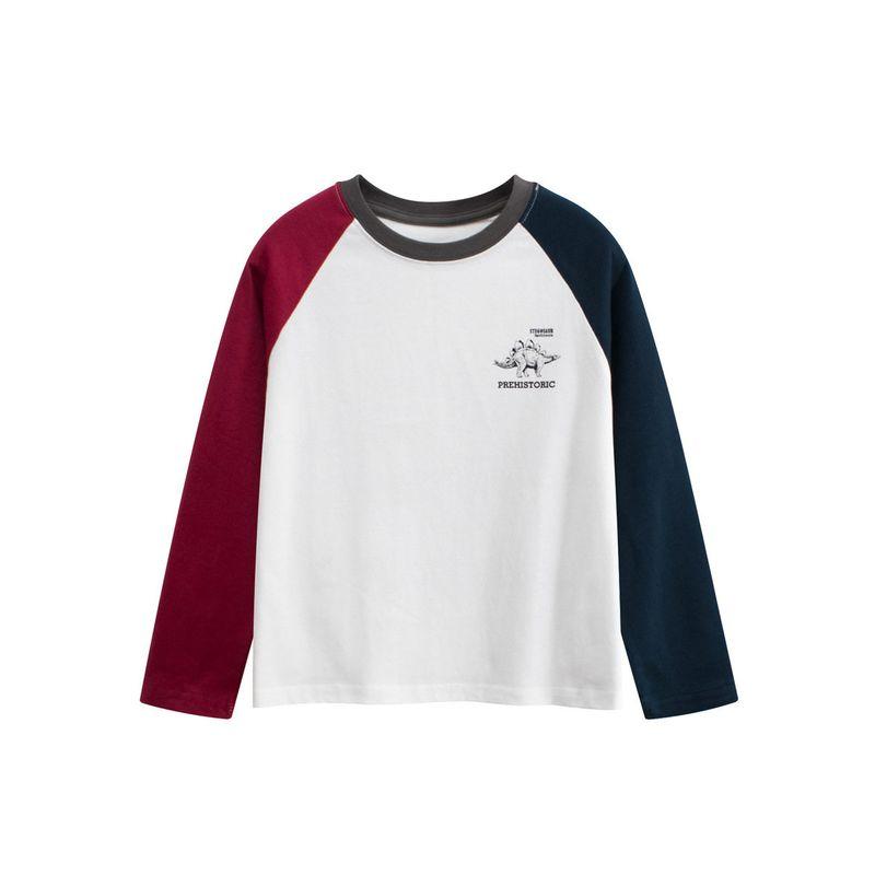 Korean Style Children's Clothing for Older Boys, Spring Cartoon Color-Blocking Round Neck Long-Sleeve T-Shirt, Pure Cotton Base Shirt