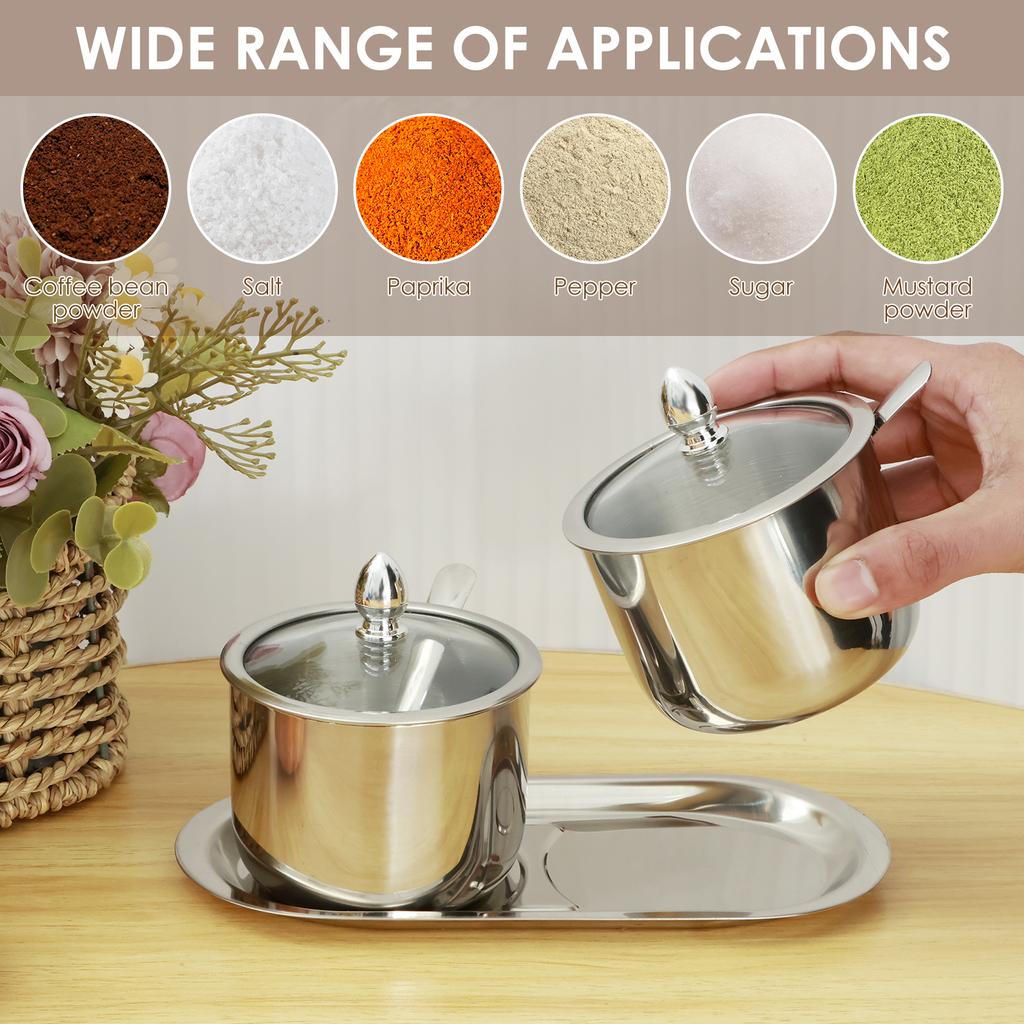 Stainless Steel Sugar Bowl Set with Glass Lid Spoon and Tray Rustproof Seasoning Box Round Condiment Pots Polished Shiny Sugar