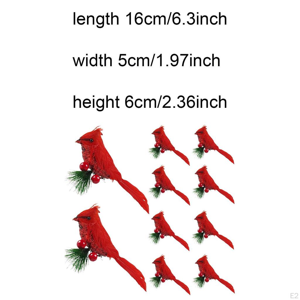 10 Pieces Artificial Christmas Red Birds Fake Bird Decorations Artwork Clip On for Wreaths Holidays