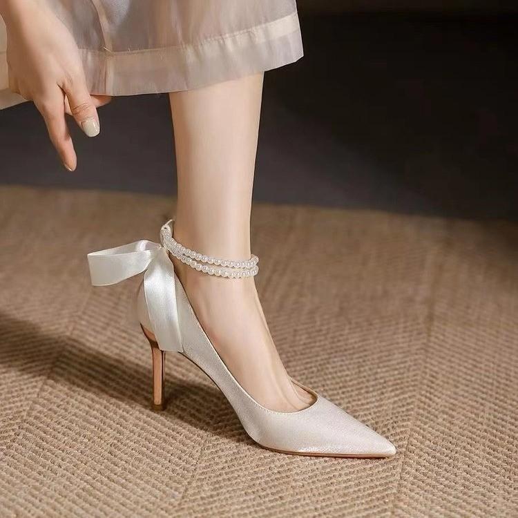 Fashion Women White Stiletto Wedding Shoes Bow Elegant Fashion Pointed Designer High Heels Women High Quality Banquet High Heels Tacones