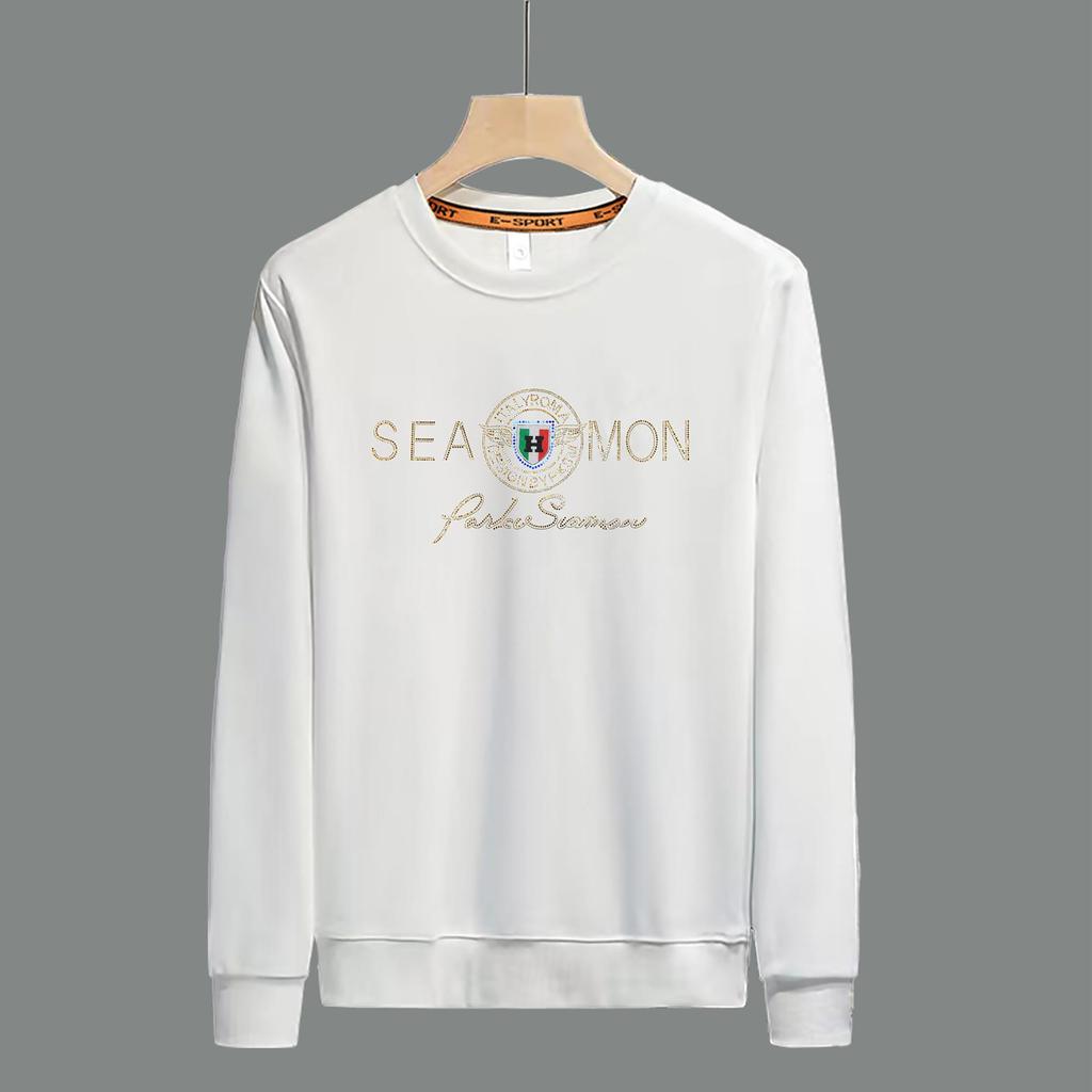 Stylish Rhinestone Men's Long Sleeve Round Neck Shirt - Comfortable, Versatile, Velvet-Thickened for Autumn and Winter.