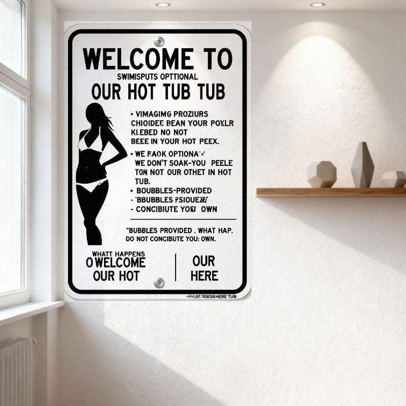 Welcome To Our Hot Tub Tub Swimsuit Optional Metal Sign - Humorous Satirical Tin Sign for Home Bar Wall Decor with Nonsensical B