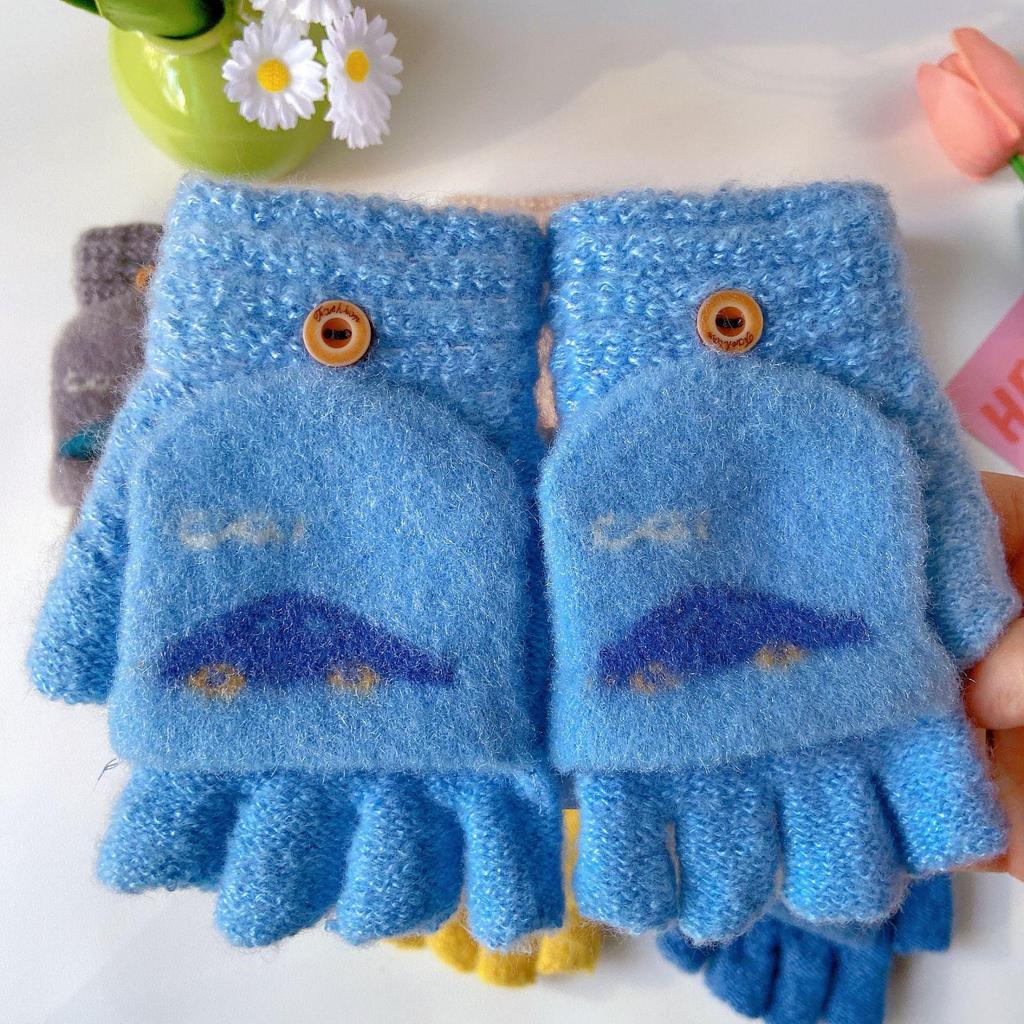 Cartoon Flip-Top Half-Finger Boy's Winter Gloves: Exposed Fingertips for Writing & Cycling