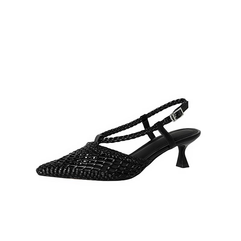 

Модные женские новые кожаные остроносые плетеные эластичной лентой из овчины дышащие полые туфли на высоком каблуке с закрытым носком сандалии Mueller 250 чёрный