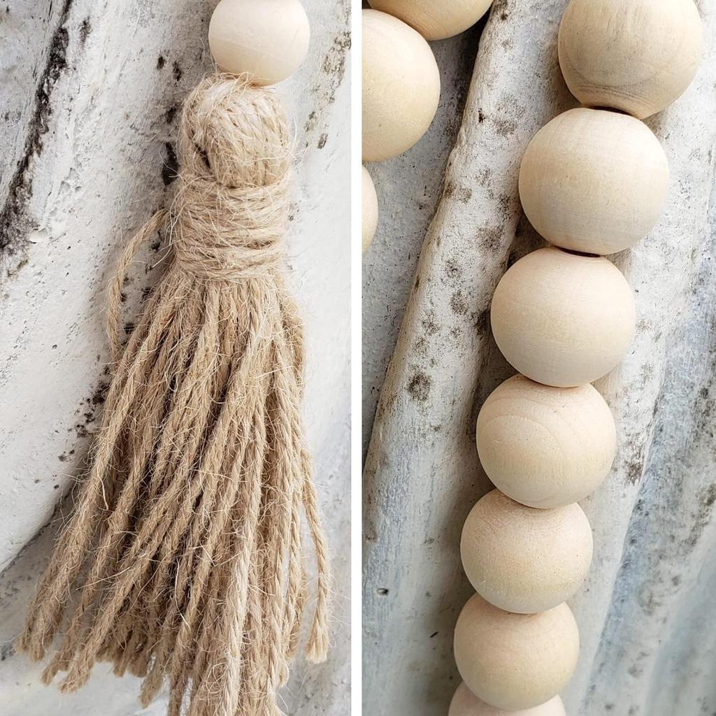 DECORKEY Farmhouse Wood Beads Garland, 2 Pack 58 Inch Wooden Beads for Boho Home Decor with Tassels, Rustic Country Decor for Coffee Table, Wall,