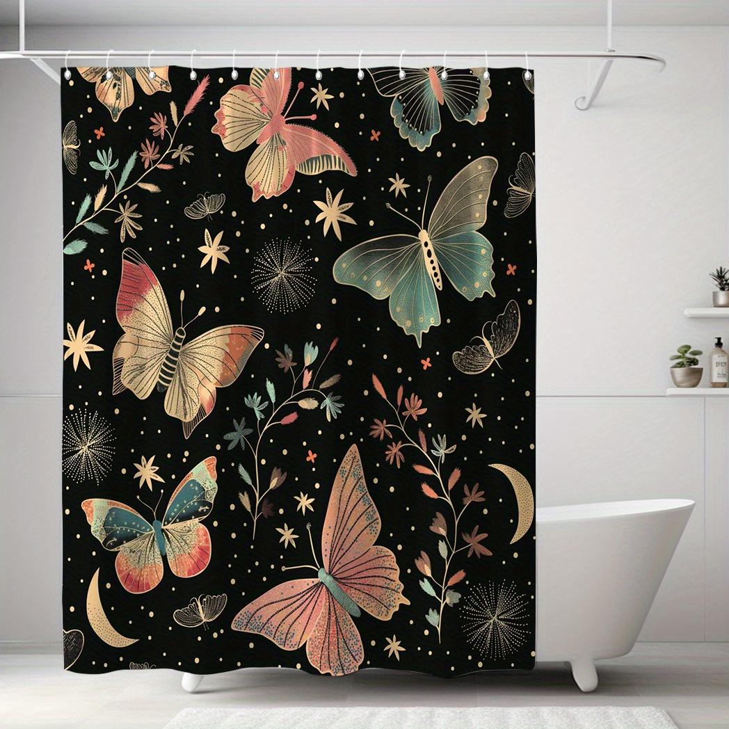 1pc Butterfly Print Shower Curtain - Polyester, Vibrant Butterfly & Floral Design, Black Background, Modern Decor W90XH180cm