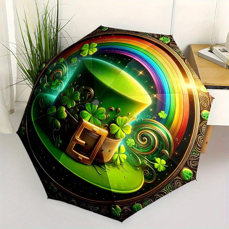 

St. Patrick s Day Green Hat with Rainbow and Clover Decoration Umbrella, Cute Umbrella with Cute Design, Portable 3-Fold Compact Umbrella for Men & Wo