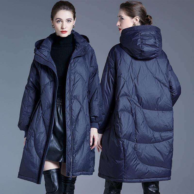 Autumn and winter fashion quality cold and warm loose temperament versatile simple medium and long hooded down jacket women