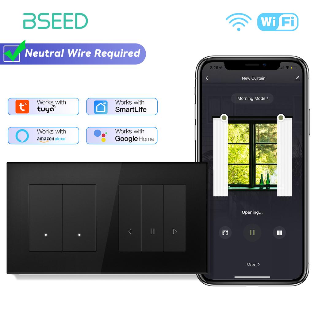 BSEED Smart Curtain Switch Series Wall WIFI Click Switches Yellow Backlight Glass Frame Tuya APP Switch EU Wall Sockets with USB