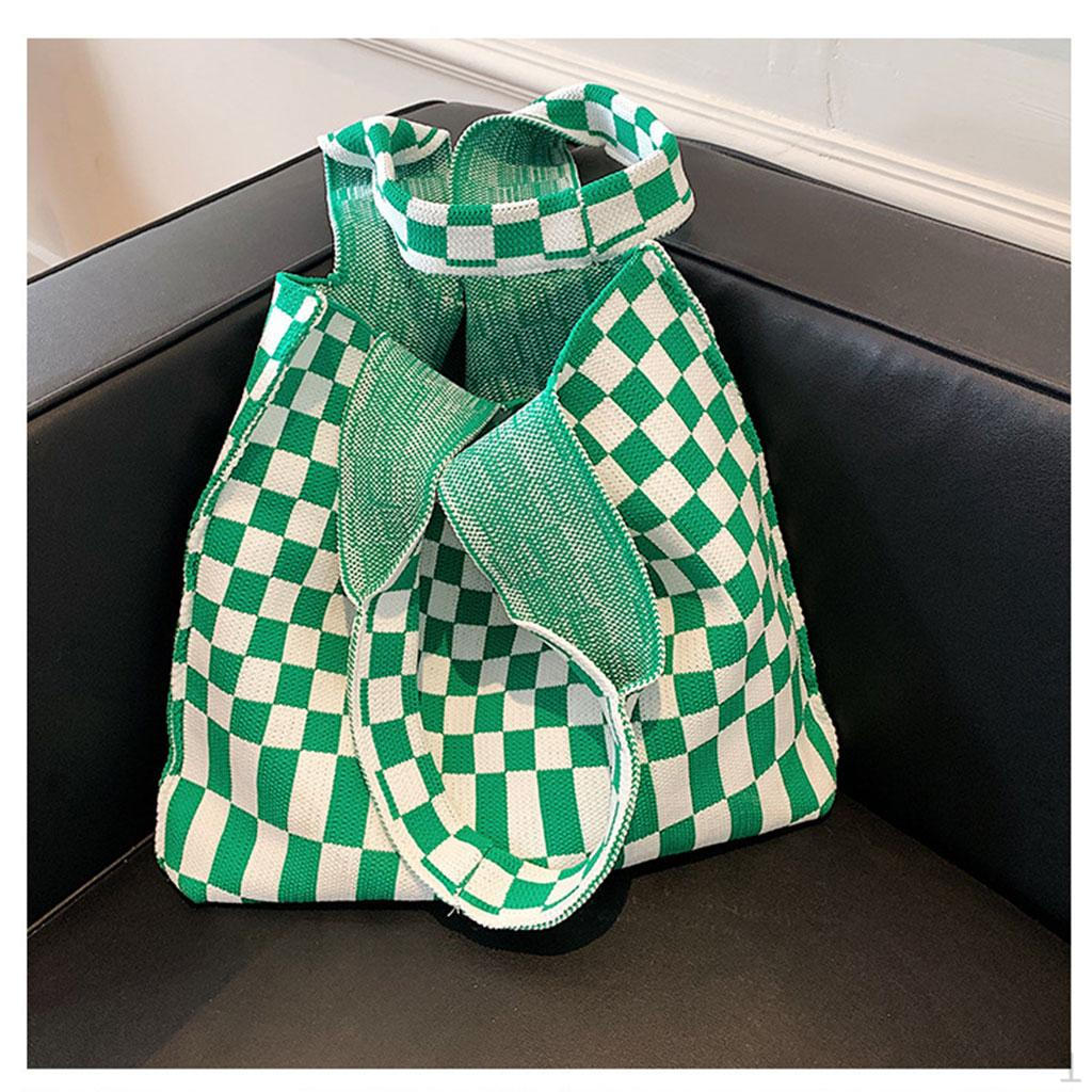 Клетчатая вязаная сумка на одно плечо женская для покупок портативная тоут Green White 880₽