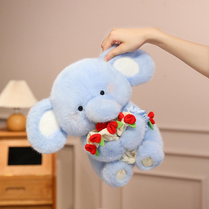 Cute Sitting Posture Hugging Roses Baby Elephant Doll Plush Toy Doll Children's Pillow Valentine's Day Gift Girl