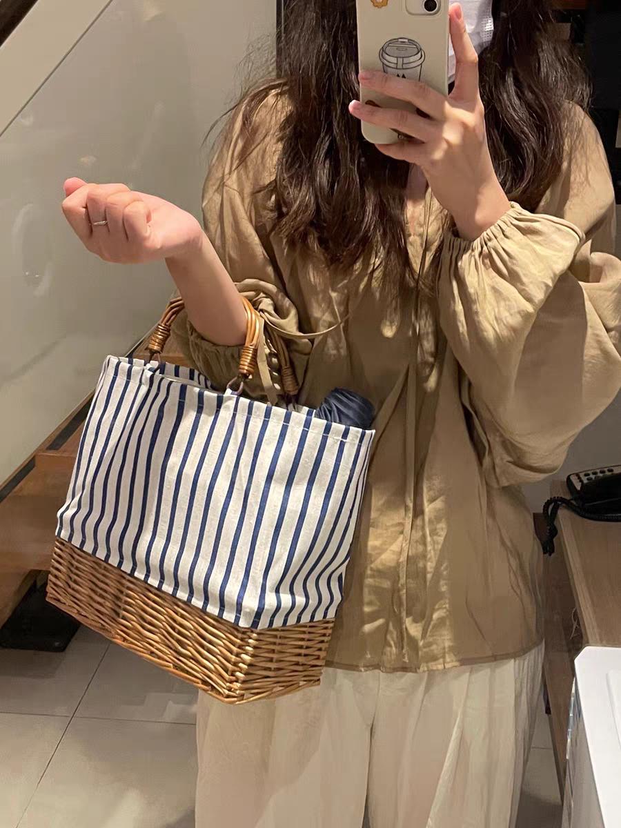 Корейская холщовая и ротанговая плетеная сумка-тоут - Плетеная сумка-шоппер