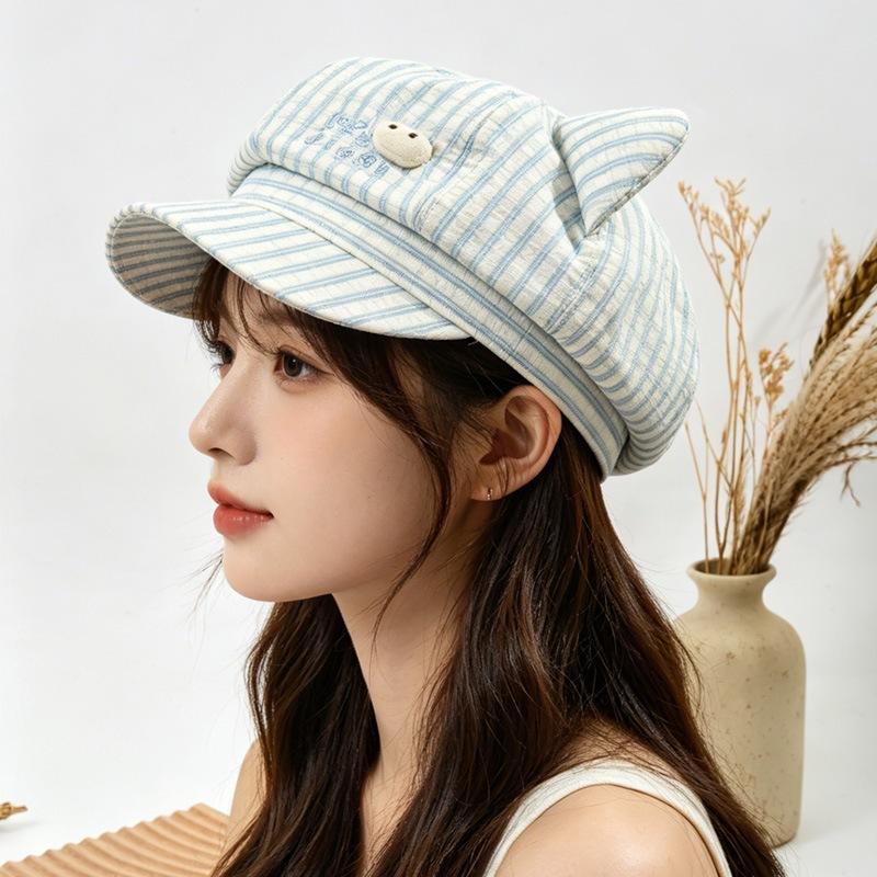 Plaid Octagonal Hat Niche Spring and Summer Cute Face Beret Cartoon Design Versatile Sweet Fresh Kitten Ears