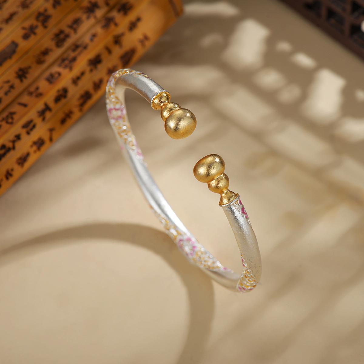 

Квітковий перегородчастий емальований браслет-гарбуз - Жіночий посріблений браслет з білої міді