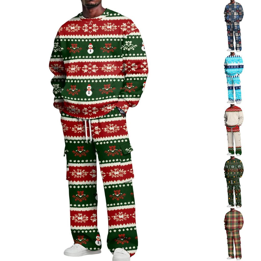 Men's Layer Crewneck Sweatshirt and Cargo Pants Set with Elastic Waist