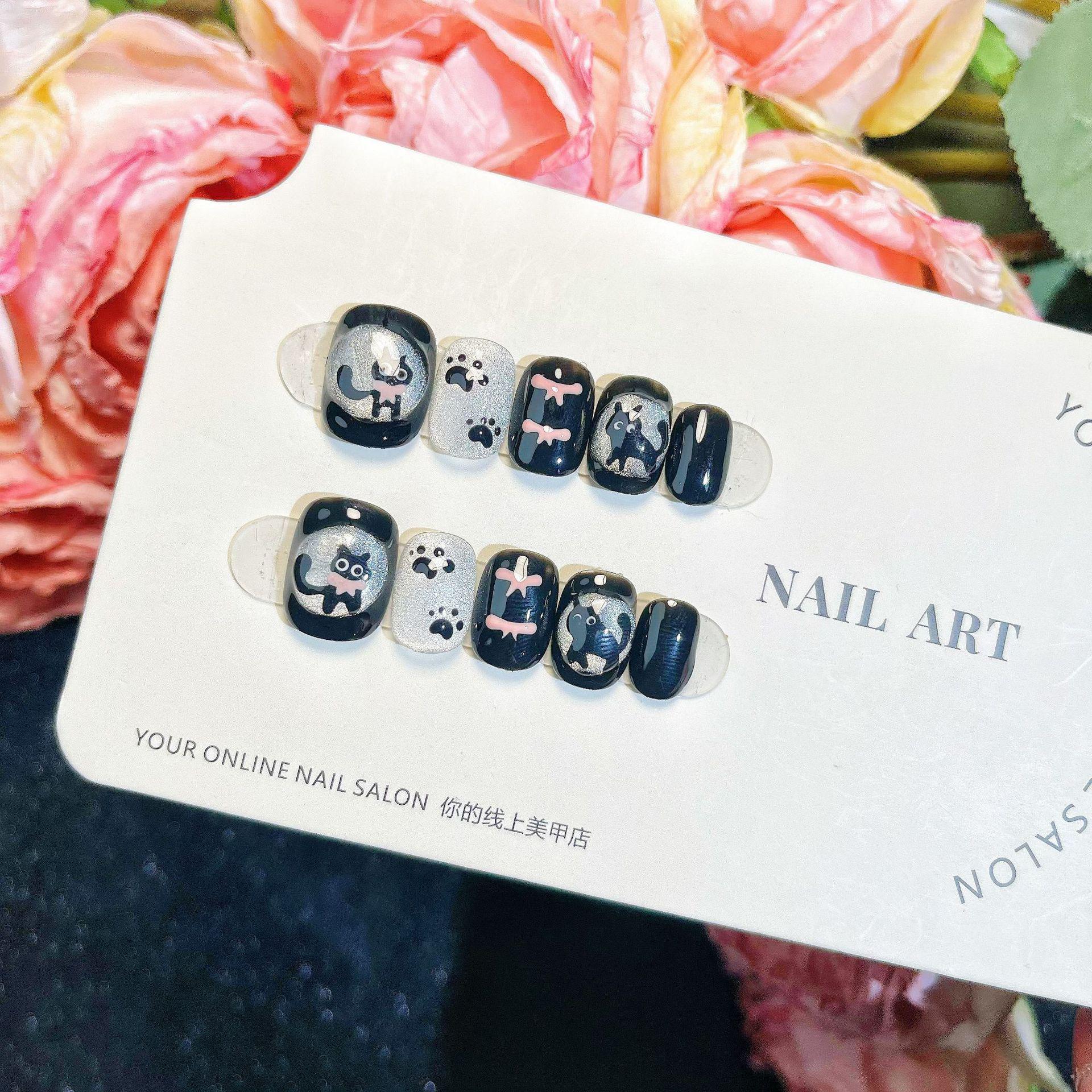 

Расписанные вручную накладные ногти: Дизайн «Кошачий глаз», Милый котенок, Светлая кожа, Нишевые наклейки для маникюра. Large