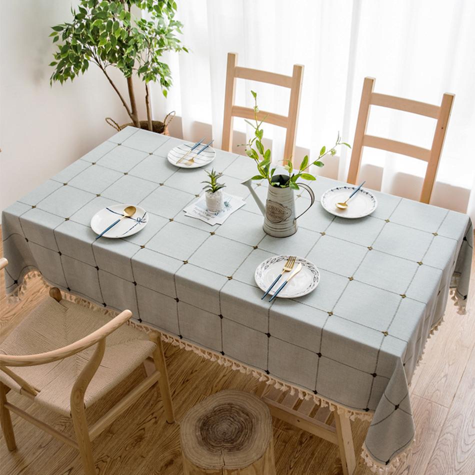 Cotton Linen Embroidery Tassel Tablecloth,Grey Large Square Dust-Proof Table Cover,for Kitchen Dinning Coffee Tabletop Decor