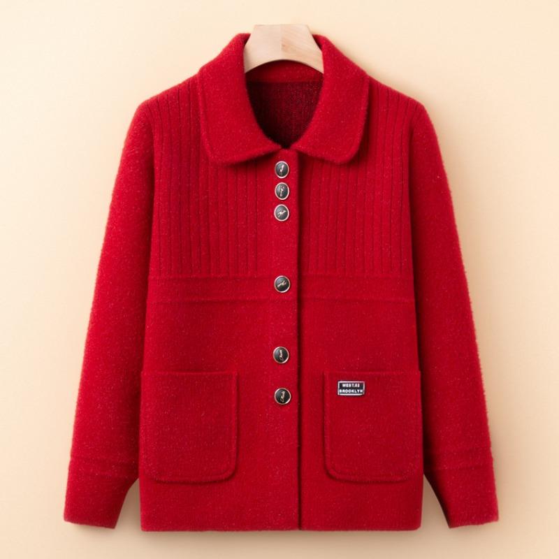 Elderly Knitted Cardigan Spring and Autumn Mother's Lapel Loose Top Middle-aged and Elderly Sweater Jacket New Cardigan