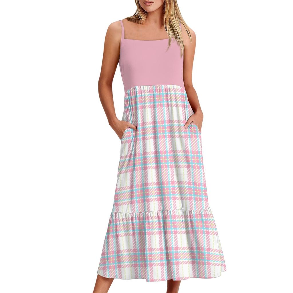 Women's Long Beach Casual Elegant Spaghetti Strap Maxi Dress Plaid Print Low-key Flowing Bohemian Dress